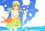  abe_kanari bare_shoulders bikini blonde_hair blue_sky blush breasts cleavage drill_hair front-tie_top highres long_hair mahou_shoujo_madoka_magica sarong sky smile solo swimsuit tomoe_mami twintails wading yellow_eyes 