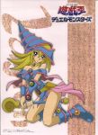  1girl absurdres black_magician_girl blonde_hair breasts cleavage dark_magician_girl down_blouse female green_eyes highres large_breasts long_hair official_art posing poster pvc scan sitting smile solo staff yu-gi-oh! 