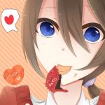  bad_id blue_eyes brown_hair candy_wrapper eating heart long_hair lowres nino1204 original ponytail solo speech_bubble wrapper 