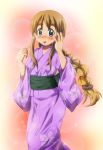  1girl alternate_hairstyle blonde_hair blue_eyes blush braid japanese_clothes k-on! kimono kotobuki_tsumugi long_hair shishinon yukata 