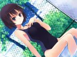  amagami bare_shoulders black_eyes black_hair competition_swimsuit dutch_angle feet_in_water fence hand_on_own_chest hao_(patinnko) looking_at_viewer nanasaki_ai one-piece_swimsuit pool poolside short_hair sitting soaking_feet solo swimsuit water 