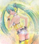  alternate_costume aqua_eyes aqua_hair ass back bracelet hatsune_miku headphones headset jewelry long_hair looking_back mayo_riyo midriff project_diva project_diva_2nd sample smile solo thigh-highs thighhighs traditional_media twintails very_long_hair vocaloid yellow_(vocaloid) 