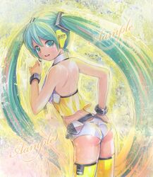  alternate_costume aqua_eyes aqua_hair ass back bracelet hatsune_miku headphones headset jewelry long_hair looking_back mayo_riyo midriff project_diva project_diva_2nd sample smile solo thigh-highs thighhighs traditional_media twintails very_long_hair vocaloid yellow_(vocaloid) 