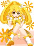  blonde_hair boots bow cure_peace double_v flower frills katsuragi_niya kise_yayoi long_hair looking_at_viewer magical_girl open_mouth panties precure sitting smile_precure! solo striped striped_panties underwear upskirt v yellow yellow_eyes 