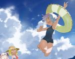  :d arms_up ball bangs beachball blonde_hair blue_skirt blue_swimsuit character_request clouds cloudy_sky commentary_request copyright_request day full_body green_eyes green_innertube hair_ribbon hat highres innertube one-piece_swimsuit one_eye_closed open_mouth pikumin pink_hair pointing pointing_up ribbon round_teeth short_hair skirt sky smile sun_hat sunlight swimsuit teeth white_hair 