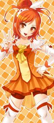  argyle argyle_background bike_shorts bowtie cure_sunny dress gloves hair_bun hair_ornament hairpin highres hino_akane konya_(chocolate_palette) magical_girl orange_(color) orange_background orange_dress orange_eyes precure shorts_under_skirt skirt smile_precure! solo thigh-highs thighhighs tongue v white_legwear 