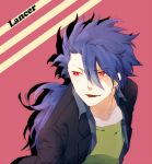  1boy bad_id blue_hair casual character_name earrings fate/prototype fate_(series) jewelry lancer_(fate/prototype) long_hair male pietani397 ponytail red_eyes solo 