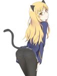 aiueo animal_ears ass blonde_hair cat_ears cat_tail from_behind glasses long_hair looking_back military military_uniform panties panties_under_pantyhose pantyhose perrine_h_clostermann simple_background solo strike_witches tail underwear uniform white_background yellow_eyes 