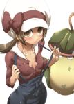  1girl blush bow breasts brown_eyes brown_hair button cabbie_hat cleavage collarbones erect_nipples fang fangs flat_chest glow hat kotone_(pokemon) long_sleeves open_mouth open_shirt overalls pokemon pokemon_(creature) pokemon_(game) pokemon_heartgold_and_soulsilver simple_background skin_tight smile tokyo_(great_akuta) twintails victreebel wide_hips 
