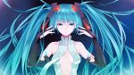  absurdres aqua_hair bare_shoulders breasts bridal_gauntlets center_opening cleavage hatsune_miku hatsune_miku_(append) highres long_hair nail_polish necktie settyaro smile solo tattoo twintails vocaloid vocaloid_append 
