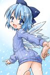  akou_roushi barefoot blue_eyes blue_hair blush bottomless bow cirno hair_bow naked_sweater no_pants open_mouth perfect_cherry_blossom ribbed_sweater smile snow snowing solo sweater touhou wings wrist_grab 