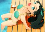  animal aqua_eyes arched_back arm_support bikini black_hair cleavage fang feet_in_water from_above ganaha_hibiki hamster hamuzou idolmaster long_hair ponytail soaking_feet solo swimsuit water wet yuo0 