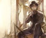  black_eyes black_hair emiya_kiritsugu facial_hair fate/zero fate_(series) food hamburger kome_(kokomoti) long_coat male ruins stubble trench_coat 