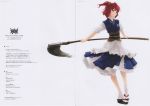  absurdres enhance_heart gap hair_bobbles hair_ornament highres onozuka_komachi parted_lips red_eyes red_hair redhead rokuwata_tomoe scan scanning_dust scythe short_hair simple_background skirt solo standing touhou twintails 