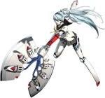  1girl android arc_system_works battle_axe blue_hair houndstooth huge_weapon jpeg_artifacts knee_pads labrys long_hair miniskirt official_art persona persona_4 persona_4:_the_ultimate_in_mayonaka_arena pleated_skirt ponytail red_eyes robot_joints school_uniform serafuku skirt solo weapon 