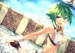  1girl aquarion_(series) aquarion_evol bare_shoulders blush breasts cleavage cleavage_cutout green_hair holding_hands interlocked_fingers large_breasts midriff mokoke navel open_mouth pov purple_eyes ribbon short_hair short_shorts shorts solo wrist_cuffs zessica_wong 