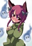  alternate_costume animal_ears blush bow braid cat_ears face fang fingernails hair_bow hand_on_own_chest highres kaenbyou_rin long_fingernails niwatori_gunsou red_eyes red_hair redhead ribbed_sweater short_hair skull smile solo sweater touhou twin_braids twintails 