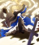  1girl ahoge bad_id blonde_hair dress dual_persona excalibur fate/zero fate_(series) formal green_eyes long_hair pant_suit pietani397 planted_sword planted_weapon ponytail saber solo suit sword weapon 