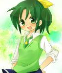  1girl green_eyes green_hair hand_on_waist midorikawa_nao necktie open_mouth ponytail precure ribbon school_uniform skirt smile smile_precure! solo sweater_vest 