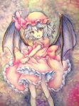  :d ascot bat_wings bow dress fang hat hat_bow highres open_mouth pink_dress pink_eyes remilia_scarlet short_hair silver_hair skirt smile solo standing touhou traditional_media watercolor_(medium) wings wrist_cuffs yellow_eyes yuyu_(00365676) 
