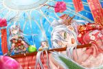  bare_shoulders cup dome dragon_girl dragon_tail fish hair_ornament highres horns japanese_clothes kimono kotatsu long_hair monster_girl multiple_girls original saliva silver_hair smile table tail teacup tsukineko underwater white_hair wink yellow_eyes 