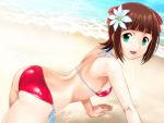  all_fours amami_haruka aqua_eyes ass beach bikini bow breasts brown_hair flower hair_bow hair_flower hair_ornament idolmaster lens_flare looking_at_viewer looking_back muhi11234 open_mouth shiny shiny_skin sideboob smile solo swimsuit 