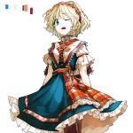 adapted_costume alice_margatroid black_legwear blonde_hair blue_dress blue_eyes capelet color_guide dress geppewi hairband open_mouth pantyhose sash short_hair sinker_(pixiv) solo touhou transparent_background wink 