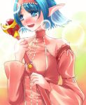  :d blue_eyes blue_hair blush dress elf headband highres holding master_of_epic open_mouth pointy_ears short_hair smile wand xxtisatoxx 