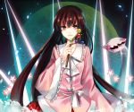  1girl black_hair blush branch brown_eyes cowry_shell houraisan_kaguya jeweled_branch_of_hourai lips long_hair moon nr_(cmnrr) ribbon shell skirt smile solo star touhou very_long_hair 