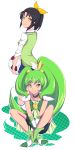  ball boots bowtie circlet cure_march dual_persona green_eyes green_hair highres kani_get kneehighs long_hair midorikawa_nao ponytail precure ribbon shorts_under_skirt sitting skirt sleeves_rolled_up smile smile_precure! soccer_ball sweater_vest tiara tri_tails white_background wrist_cuffs 