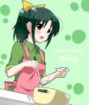 apron bow casual cooking cutting_board green_background green_eyes green_hair highres ladle midorikawa_nao open_mouth ponytail pot precure ribbon simple_background sleeves_rolled_up smile_precure! solo tamane 