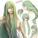  ^_^ abaishumei alternate_hairstyle blush braid closed_eyes colored_eyelashes earrings enkidu_(fate/strange_fake) eyes_closed fate/strange_fake fate_(series) french_braid green_eyes green_hair jewelry long_hair male ponytail tiara toga twintails white_background 
