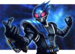  1boy bad_id belt compound_eyes dn22059 kamen_rider kamen_rider_fourze_(series) kamen_rider_meteor male sky solo space star_(sky) starry_sky 