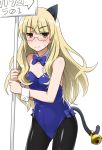  3: animal_ears bare_shoulders bell blonde_hair blush bowtie breasts bunny_girl bunnysuit cat_ears cat_tail cleavage detached_collar glasses holding kittysuit leotard long_hair looking_at_viewer pantyhose perrine_h_clostermann placard sign sign_holding simple_background solo strike_witches tail tail_bell white_background wrist_cuffs yellow_eyes youkan 