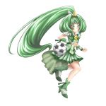  bad_id ball boots bow choker cure_march dress green_eyes green_hair hyuu_(sing-dog) long_hair midorikawa_nao precure ribbon simple_background sing-dog smile smile_precure! soccer_ball solo tiara tri_tails very_long_hair white_background wrist_cuffs 