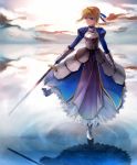  ahoge armor armored_dress blonde_hair dress excalibur fate/stay_night fate_(series) gauntlets green_eyes hair_ribbon ribbon saber shion_(kizuro) solo standing_on_one_leg standing_on_water sword weapon 