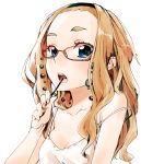  :o blue_eyes brown_hair dekoglasses eyebrows forehead glasses hairband long_hair looking_at_viewer open_mouth original pocky sasetsu short_eyebrows simple_background solo strap_slip tongue white_background 