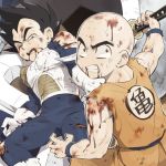  bald black_hair blood clenched_teeth dragon_ball dragon_ball_z dragonball_z gloves injury krillin kuririn male multiple_boys open_mouth spoilers sword teeth ttk_(ehohmaki) vegeta weapon white_gloves wink 