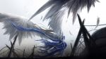  aa_megami-sama angel_wings belldandy blonde_hair blurry depth_of_field dress epic feathered_wings feathers from_behind kzcjimmy large_wings solo stake wind wind_lift wings wire 