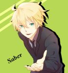  1boy ahoge bad_id blonde_hair character_name fate/prototype fate_(series) formal green_background green_eyes male necktie outstretched_hand pietani397 saber_(fate/prototype) smile solo suit 