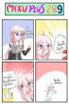  4koma :t ahoge blue_eyes blush braid catstudio_(artist) chibi comic dango detached_sleeves drooling eating fang food highres ia_(vocaloid) long_hair open_mouth pink_hair shirt skirt smile thai translated translation_request twin_braids vocaloid wagashi 