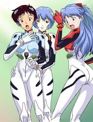  3girls ayanami_rei bbmbbf blue_eyes blue_hair bodysuit brown_hair compression_artifacts distressed female genderswap ikari_shinji long_hair multicolored_hair multiple_girls neon_genesis_evangelion shikinami_asuka_langley short_hair souryuu_asuka_langley transformation 