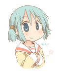  aqua_hair bad_id blue_eyes blue_hair cheekbones collarbone daitirumoesu hair_cubes hair_ornament long_sleeves looking_at_viewer naganohara_mio nichijou school_uniform short_hair short_twintails smile solo twintails white_background 