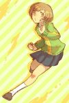  badge breasts brown_hair button_badge clenched_hand fighting_stance fist nemuko o3o persona persona_4 pocket running satonaka_chie shoes short_hair skirt solo thigh-highs thighhighs turtleneck yellow_eyes 
