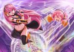  &gt;_&lt; blue_eyes boots cityscape crazypen dress from_above headphones long_hair looking_at_viewer megurine_luka microphone midriff navel pink_hair pom_poms singing skirt smile solo takoluka tentacles thigh-highs thighhighs very_long_hair violet_eyes vocaloid 