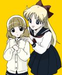  aino_minako bishoujo_senshi_sailor_moon blonde_hair blue_eyes bow brown_eyes cardigan color_connection crossover hair_bow half_updo kise_yayoi kyakya long_hair multiple_girls muted_color precure school_uniform short_hair smile smile_precure! yellow_background 