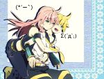  1girl age_difference aqua_eyes armband blonde_hair hug kagamine_len keishi long_hair megurine_luka necktie open_mouth pink_hair vocaloid wince 