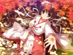  brown_hair japanese_clothes leaves mikeou miko tsukumonotsuki twintails wallpaper 