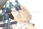  artist_request bench blue_hair blush bouquet closed_eyes daisy flower grin hatsune_miku long_hair piano rose solo source_request twintails vocaloid 