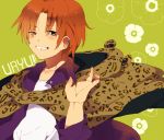 1boy brown_eyes earrings fate/zero fate_(series) grin hood jacket jewelry leopard_print male maon_(hikouya) orange_hair purple_jacket smile solo uryuu_ryuunosuke 